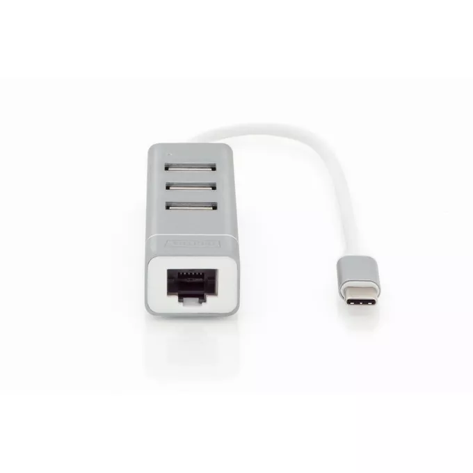 Digitus HUB/Koncentrator 3-portowy USB 2.0 HighSpeed z Typ C oraz Fast Ethernet LAN adapter, aluminium