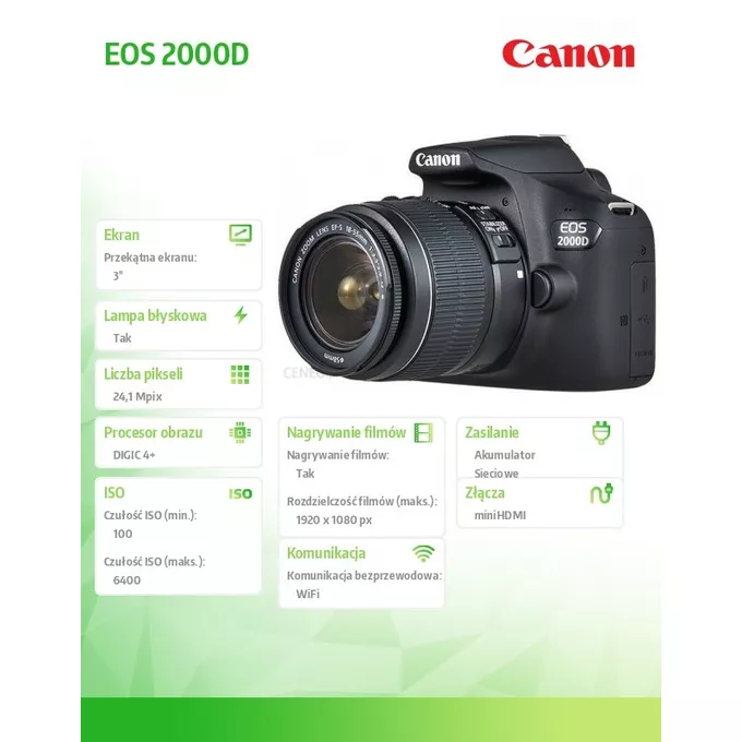 Canon Aparat lustrzanka EOS 2000D czarny + Obiektyw 18-55 IS + Akumulator LP-E10 EU26 2728C010