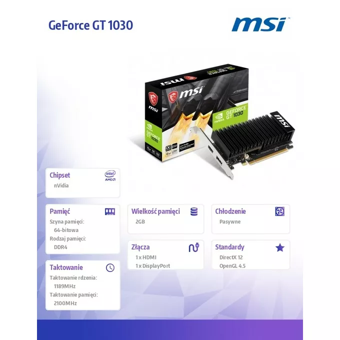 MSI Karta graficzna GeForce GT 1030 OC 2GB DDR4 64BIT HDMI/DP