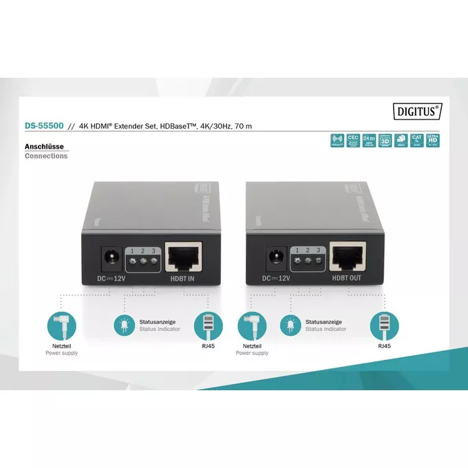Digitus Przedłużacz/Extender HDMI HDBaseT do 70m po Cat.5e, 4K 30Hz UHD, HDCP 2.2, IR, z audio (zestaw)