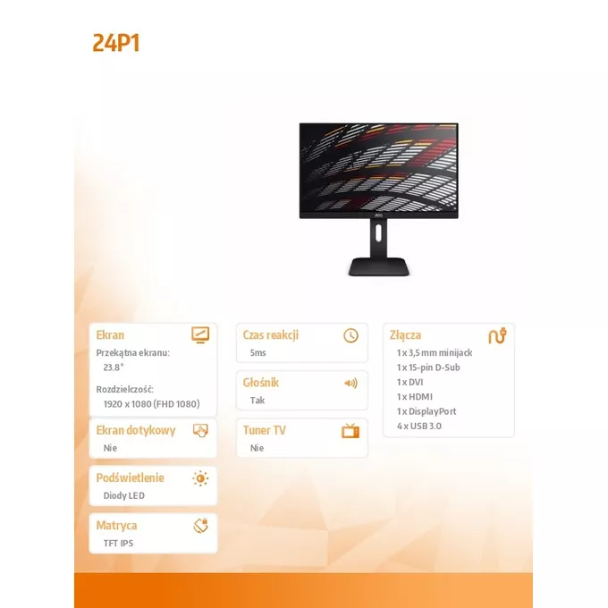 AOC Monitor 23.8 24P1 IPS DVI DP HDMI Pivot Głośniki