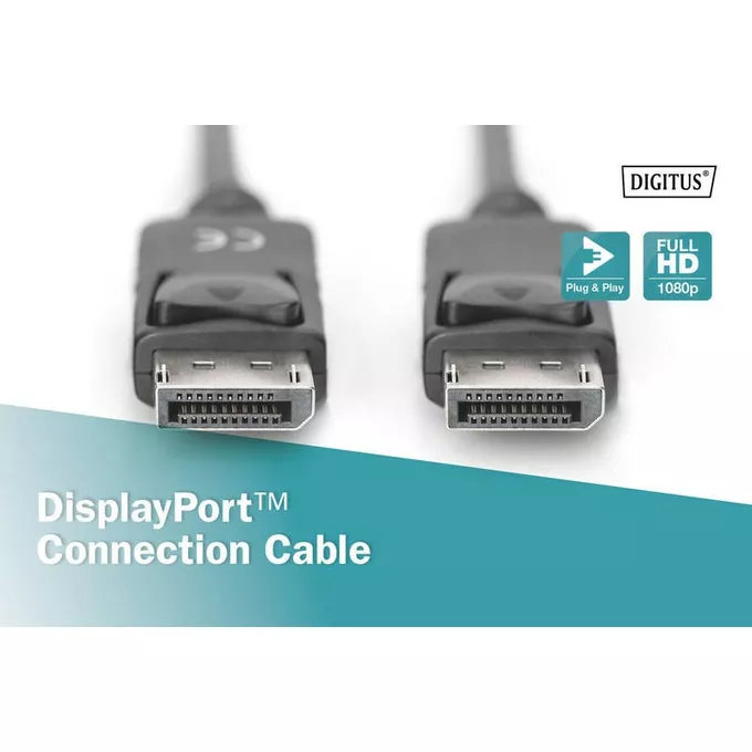 Digitus Kabel połączeniowy DisplayPort z zatrzaskami 1080p 60Hz FHD Typ DP/DP M/M czarny 1m