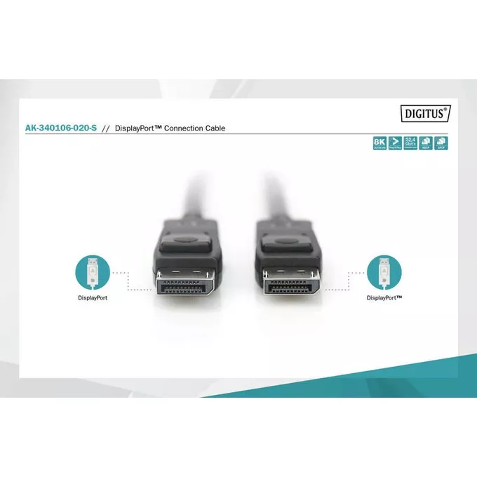 Digitus Kabel połączeniowy DisplayPort z zatrzaskami 8K 30Hz UHD Typ DP/DP M/M czarny 2m
