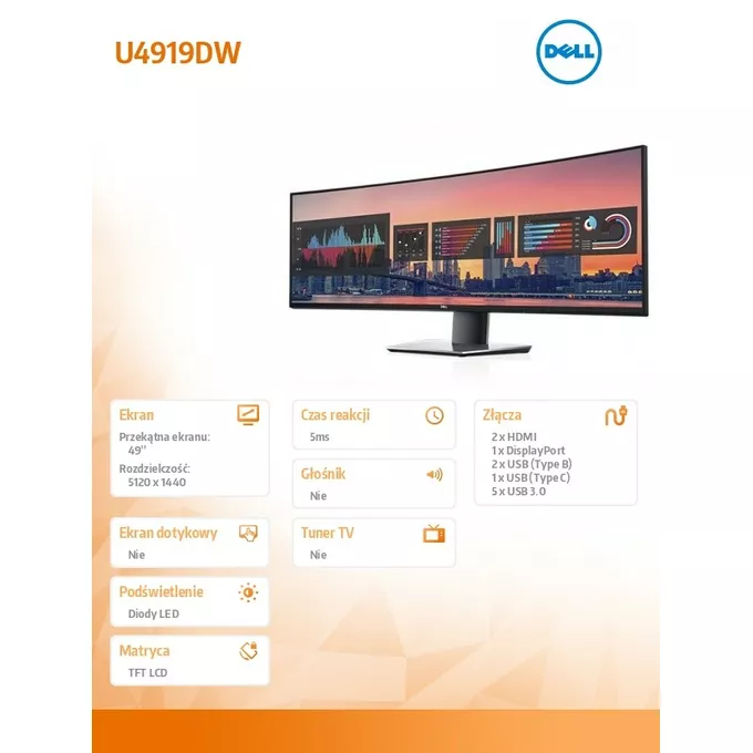 Dell Monitor U4919DW 49&quot; Curved QHD (5120x1440)/32:9/2xHDMI/DP/5xUSB/USB-C/3Y PPG