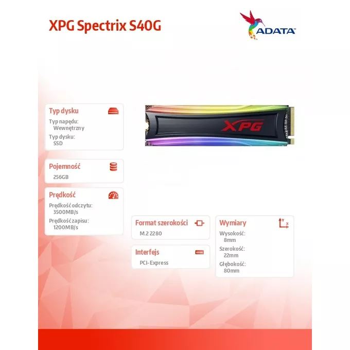 Adata Dysk SSD XPG Spectrix S40G 256GB PCIe Gen3x4 M2 2280