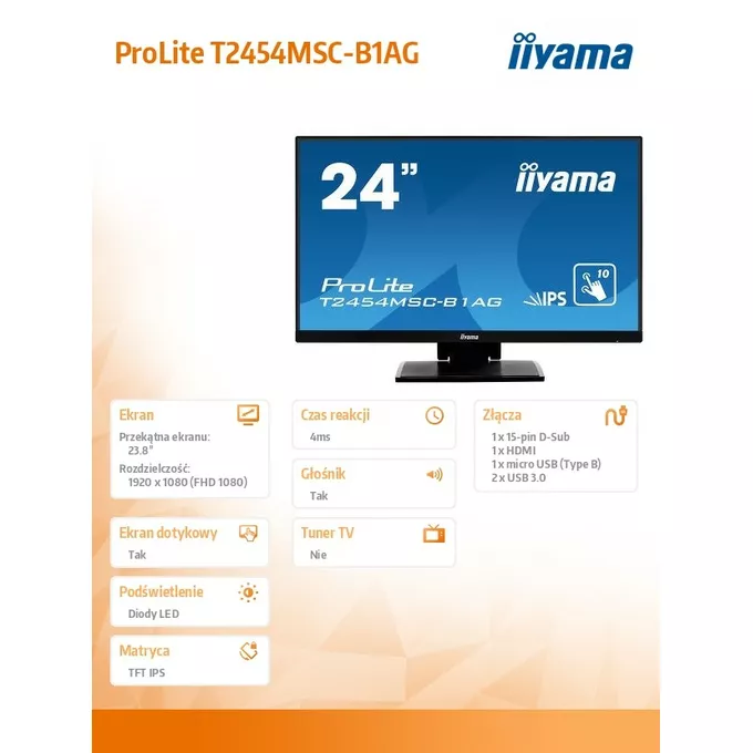 IIYAMA Monitor 24 T2454MSC-B1AG pojemnościowy 10PKT, IP, powłoka AG