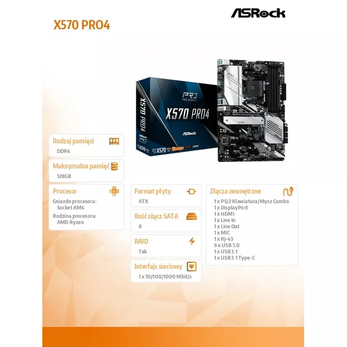 ASRock Płyta główna X570 Pro4 AM4 4DDR4 HDMI/DP/USB M.2 ATX