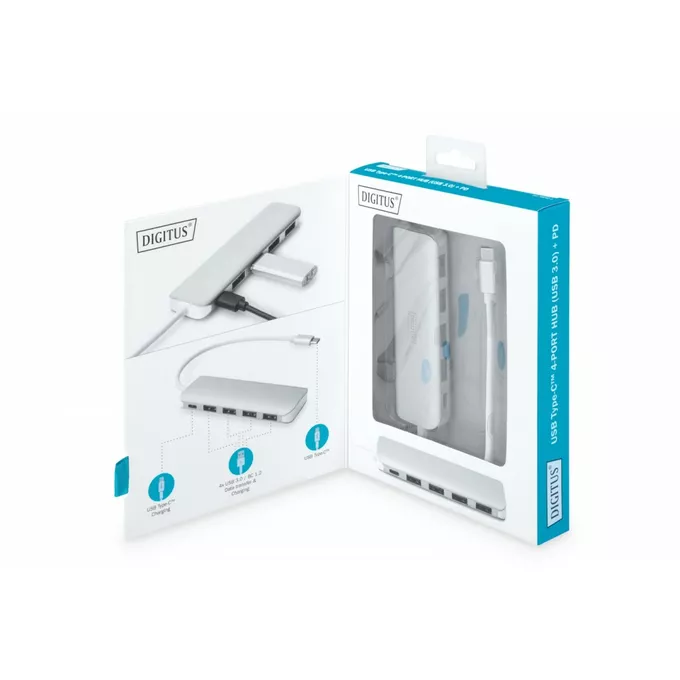 Digitus HUB/Koncentrator 4-portowy USB 3.0 SuperSpeed z Typ C Power Delivery, aluminium
