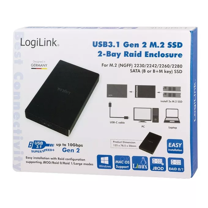 LogiLink Zewnętrzna obudowa SSD 2x M.2 SATA, USB3.1 gen2, Raid