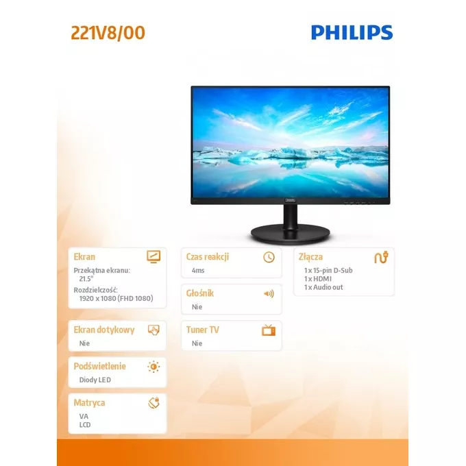Philips Monitor 21,5 cali 221V8 VA HDMI