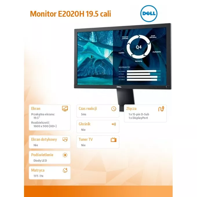 Dell Monitor E2020H 19.5''  LED TN (1600x900) /16:9/VGA/DP 1.2/3Y PPG