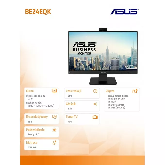 Asus Monitor 24 cale BE24EQK IPS FHD Kamera 2MP Mikrofon HDMI DP D-SUB Głośnik