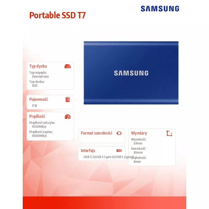 Samsung Dysk SSD Portable T7 1TB USB 3.2 GEN.2 BLUE