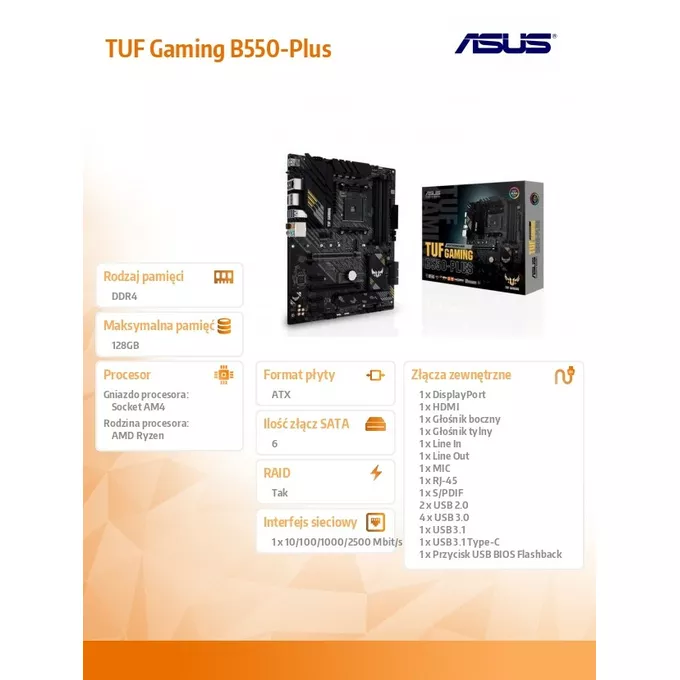Asus Płyta główna TUF GAMING B550-PLUS AM4 DDR4 HDMI/DP M.2 ATX