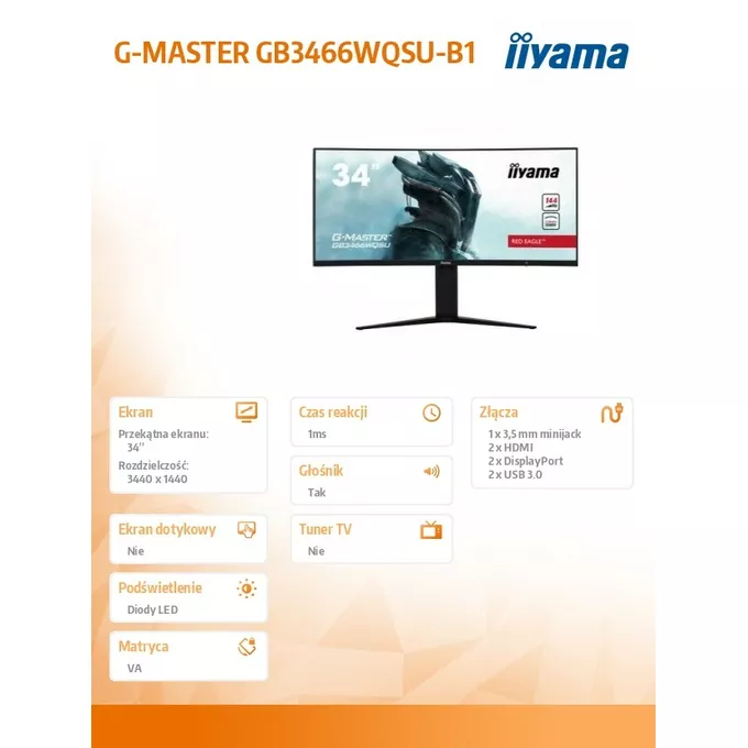 IIYAMA Monitor 34 cale GB3466WQSU-B1 VA,UWQHD,144HZ,1MS,1500R,HDMI/DPx2,USB 3.0