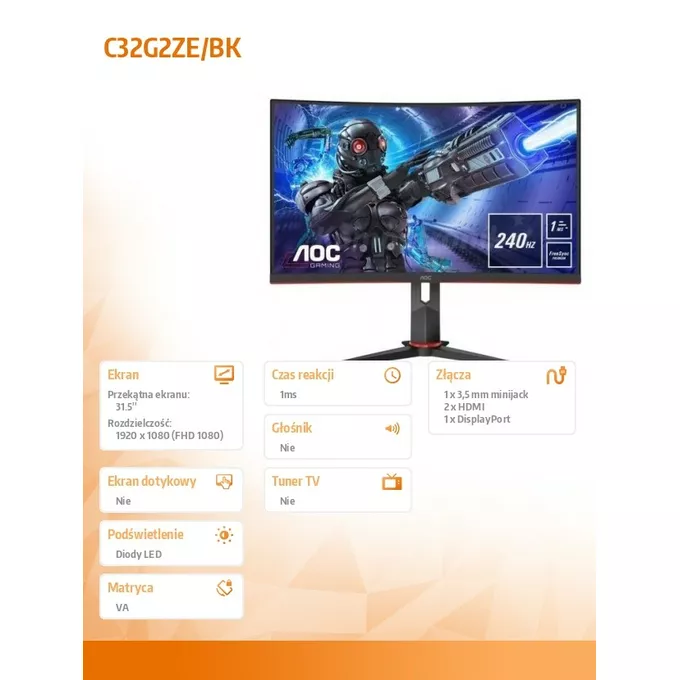 AOC Monitor C32G2ZE/BK 31.5 cala VA Curved 240Hz HDMIx2 DP