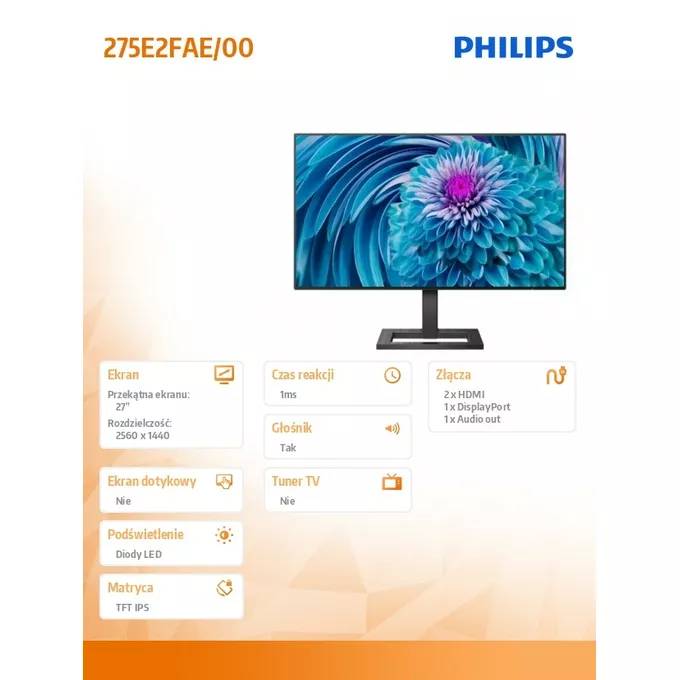 Philips Monitor 275E2FAE 27 cali IPS HDMIx2 DP Głośniki HAS