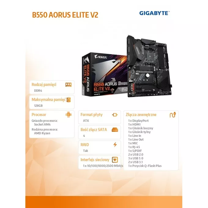 Gigabyte Płyta główna B550 AORUS ELITE V2 AM4 4DDR4 HDMI/DP M.2 ATX
