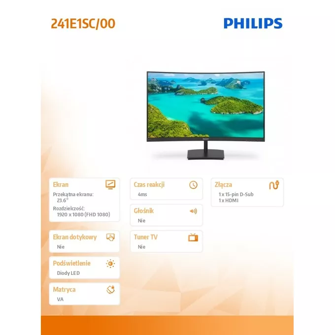 Philips Monitor 241E1SC 23.6 cala Curved VA HDMI Freesync