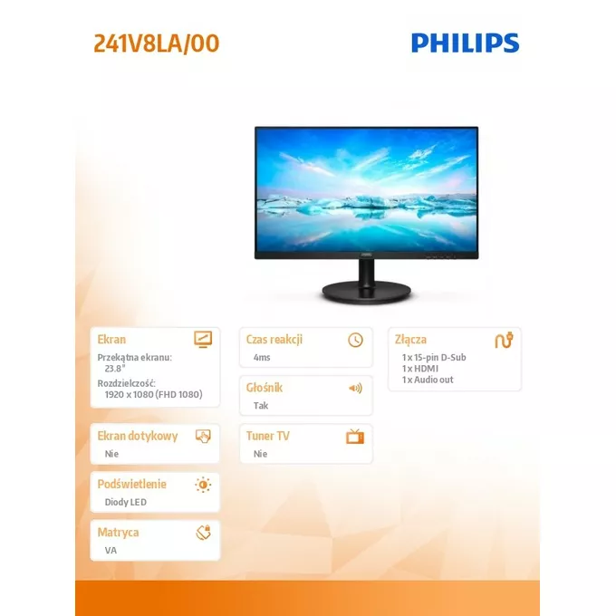 Philips Monitor 241V8LA 23.8 cala VA HDMI Głośniki