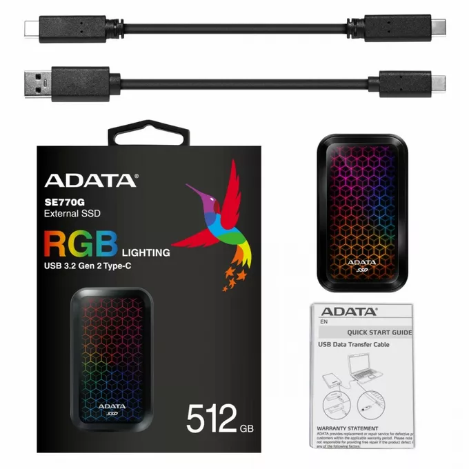 Adata Dysk zewnętrzny SSD SE770 512G USB3.2-A/C RGB