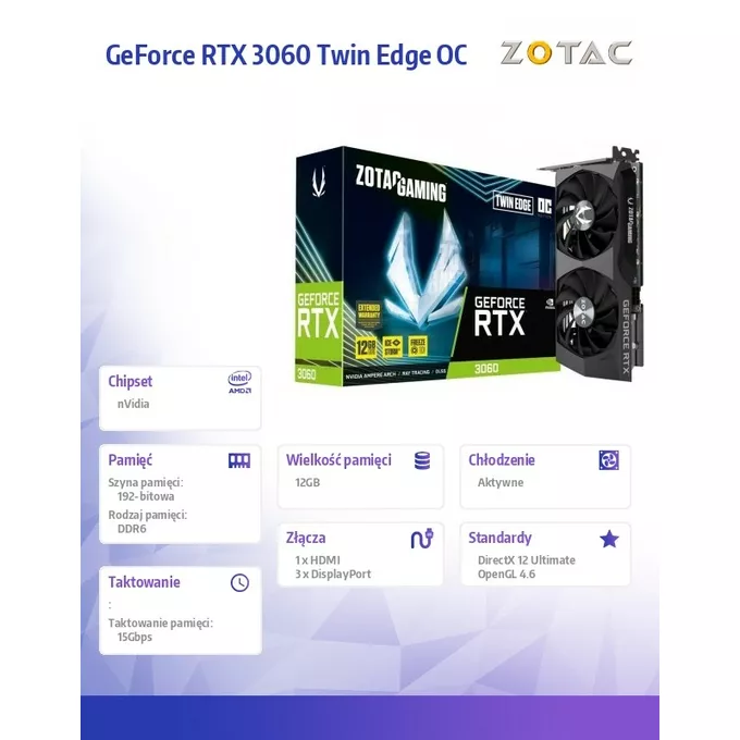 ZOTAC Karta graficzna GeForce RTX 3060 Twin Edge OC 12GB GDDR6 192bit LHR 3DP/HDMI