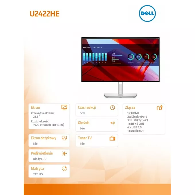 Dell Monitor U2422HE 23.8 cali LED FHD/HDMI/DP/USB-C/RJ-45