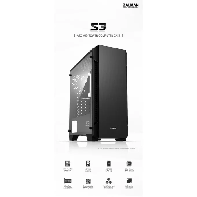 Zalman Obudowa S3 TG ATX Mid Tower PC Case TG fan x3