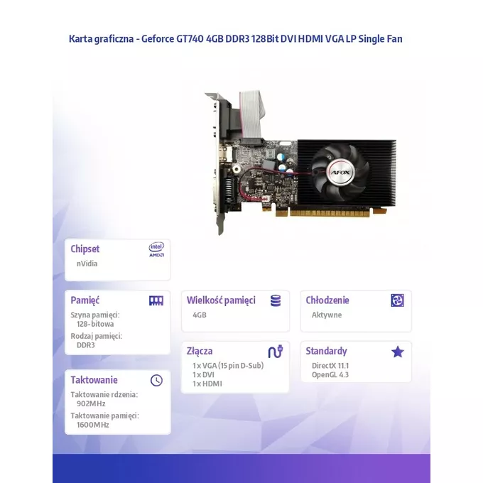 AFOX Karta graficzna - Geforce GT740 4GB DDR3 128Bit DVI HDMI VGA LP Single Fan