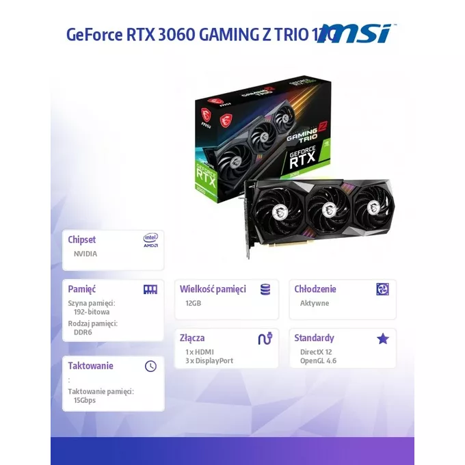 MSI Karta graficzna GeForce RTX 3060 GAMING Z TRIO 12GB GDDR6 192bit 3DP/HDMI