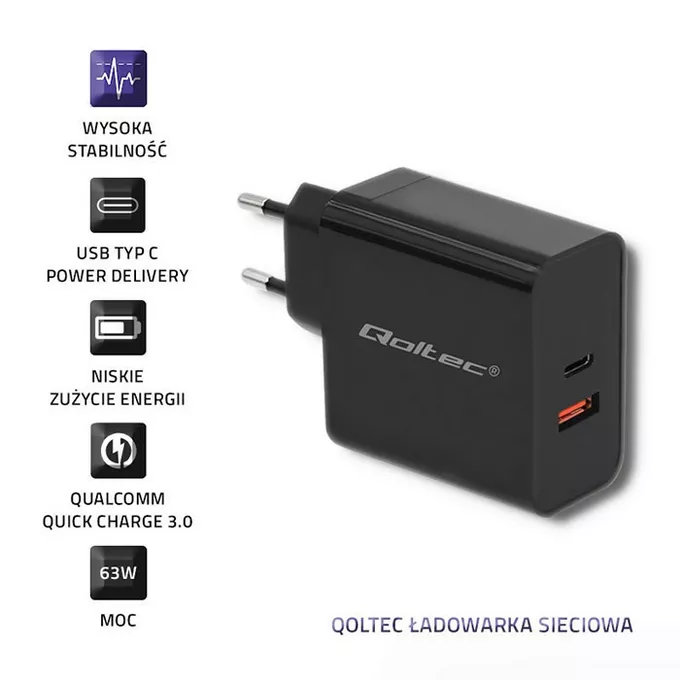 Qoltec Ładowarka sieciowa | 63W | 5-20V | 1.5-3A | USB typ C PD |       USB QC 3.0 | Czarna