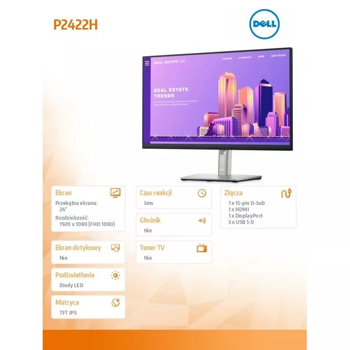 Dell Monitor 24 cale P2422H LED IPS 1920x1080/16:9/DP/VGA/3Y