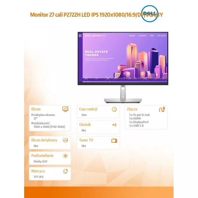 Dell Monitor P2722H 27 cali LED IPS 1920x1080/16:9/DP/VGA/3Y