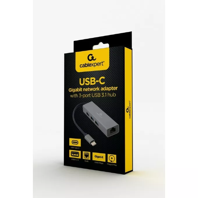 Gembird Hub 3 portowy USB 3.1 z kartą sieciową