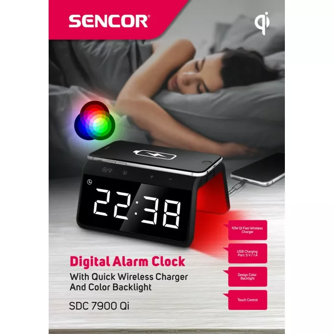 Sencor Cyfrowy zegar z budzikiem i bezprzewodową ładowarka SDC 7900QI