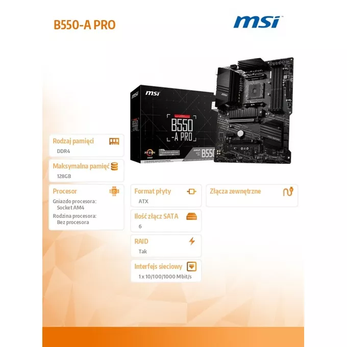 MSI Płyta główna B550 A-PRO AM4 4DDR4 HDMI/DP M.2 ATX