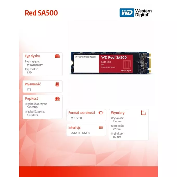 Western Digital Dysk Red SSD 1TB M.2 2280 SA500 WDS100T1R0B
