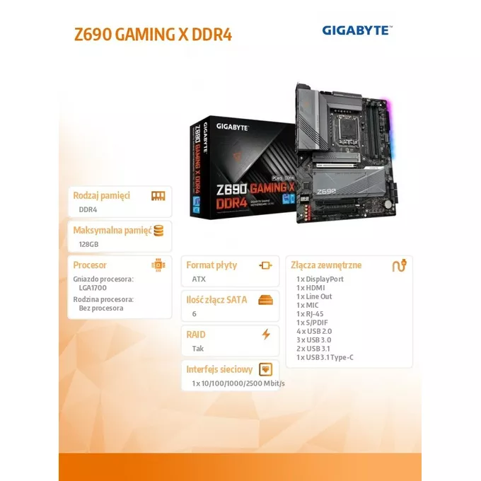 Gigabyte Płyta główna Z690 GAMING X s1700 4DDR4 DP/HDMI M.2 ATX