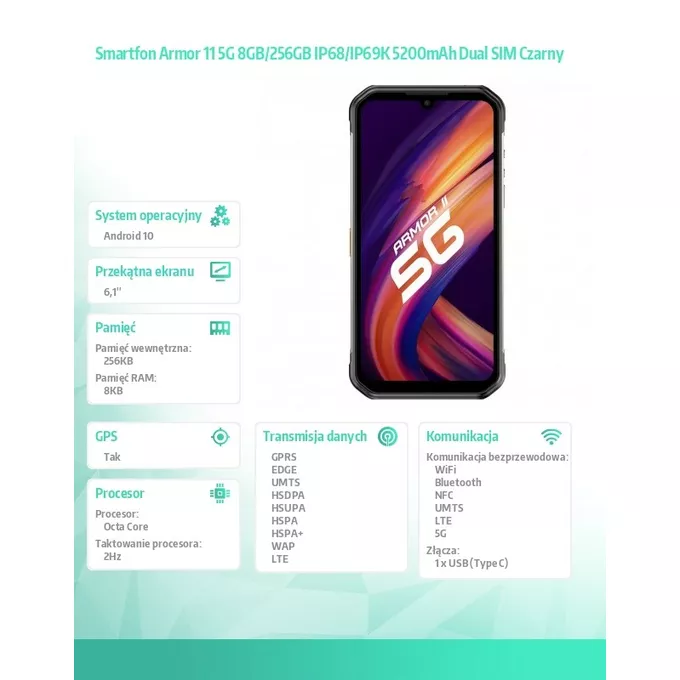 ULEFONE Smartfon Armor 11 5G 8/256GB IP68/IP69K 5200mAh DualSIM Aparat Noktowizyjny Czarny