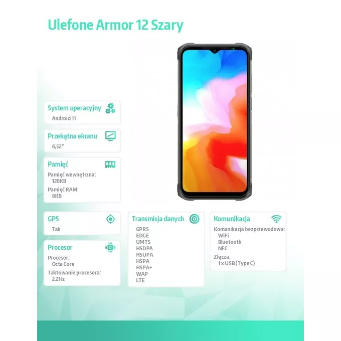 ULEFONE Smartfon Armor 12 5G 8/128GB IP68/IP69K 5180mAh DualSIM Szaro-pomarańczowy