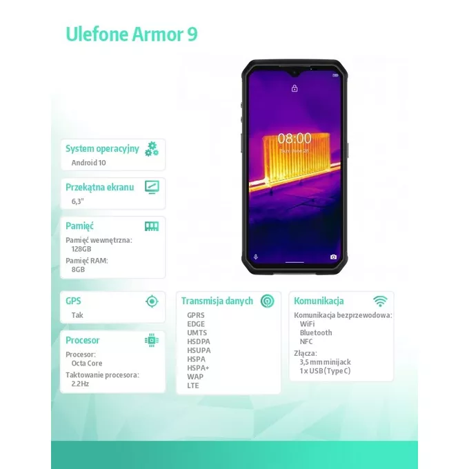 ULEFONE Smartfon Armor 9 8/128GB IP68/IP69K 6600mAh Dual SIM Czarny