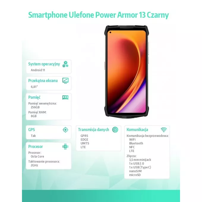 ULEFONE Smartfon Power Armor 13 8/256GB IP68/IP69K 13200mAh DualSIM Czarny