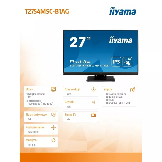 IIYAMA Monitor 27 cali T2754MSC-B1AG pojemnościowy 10PKT IPS powłoka AG