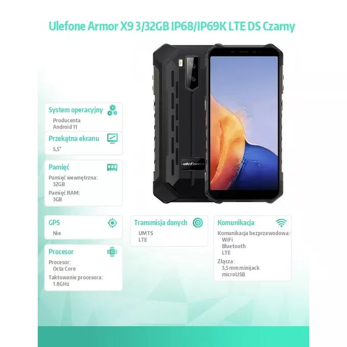 ULEFONE Smartfon Armor X9 5,5&quot; 3/32GB IP68/IP69K 5000 mAh DualSIM czarny