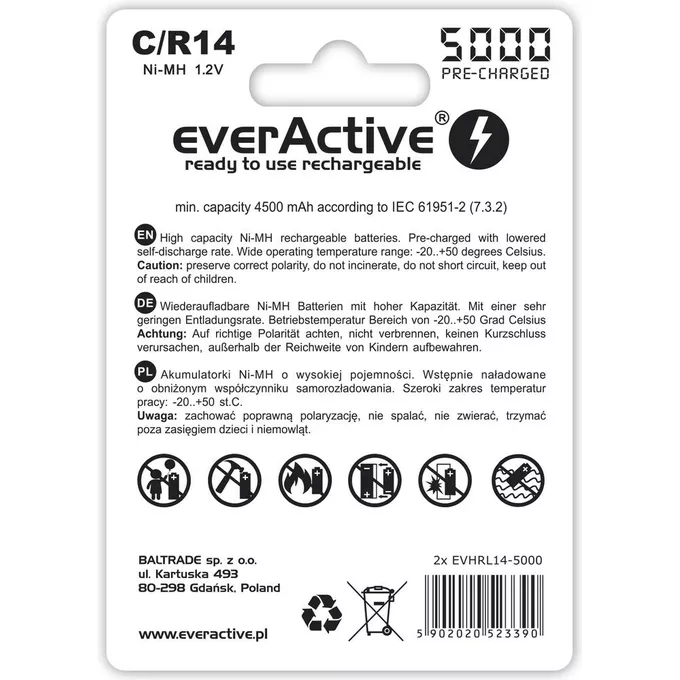 everActive Akumulatorki R14/C NI-MH 5000 mAh 2 szt. ready to use