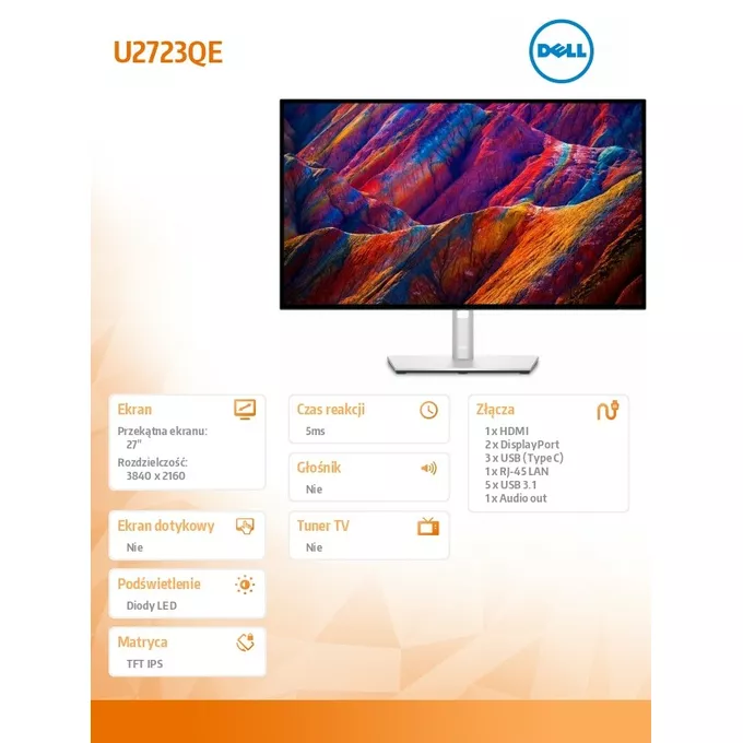 Dell Monitor U2723QE 27 cali IPS LED 4K (3840x2160) /16:9/HDMI/2xDP/3xUSB-C/4xUSB 3.2/RJ-45/3Y AES&amp;PPG