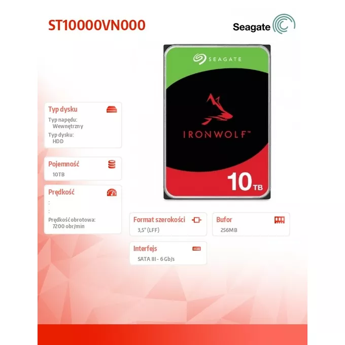 Seagate Dysk IronWolf 10TB 3,5 256MB ST10000VN000
