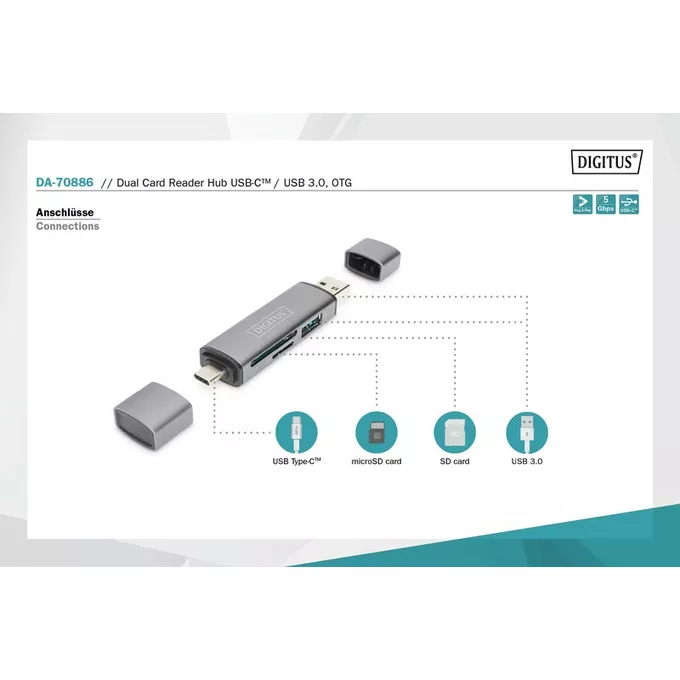 Czytnik kart 3-portowy USB Typ C/ USB 3.0 SuperSpeed SD Micro SD HQ  aluminium Szary