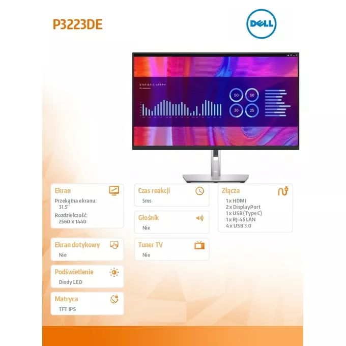 Dell Monitor P3223DE 31,5 cali IPS LED QHD (2560x1440) /16:9/HDMI/DP/USB-C/4xUSB 3.2/RJ45/3Y AES