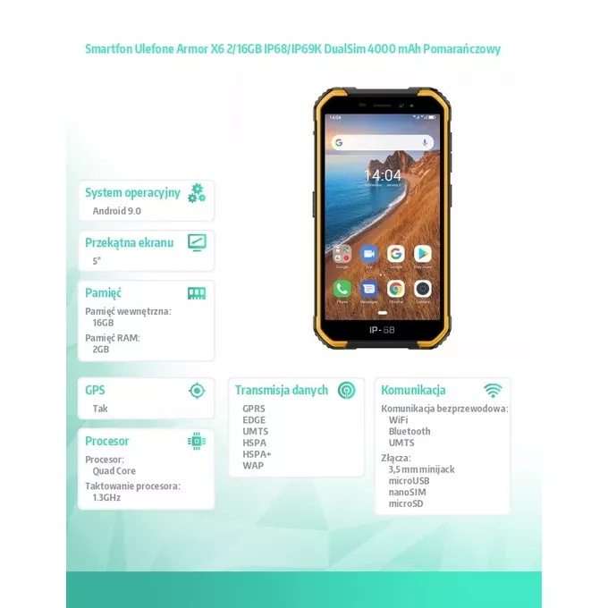 ULEFONE Smartfon Armor X6 3G 2/16GB IP68/IP69K 4000mAh DualSIM Pomarańczowy
